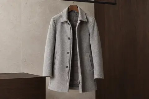 Manteau homme mi-long gris clair à col rabattu, boutons et poches, présenté seul sur un cintre.