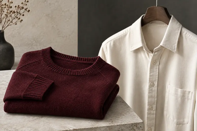 Détail d’un pull bordeaux et d’une chemise écrue mettant en valeur leurs matières et leurs finitions
