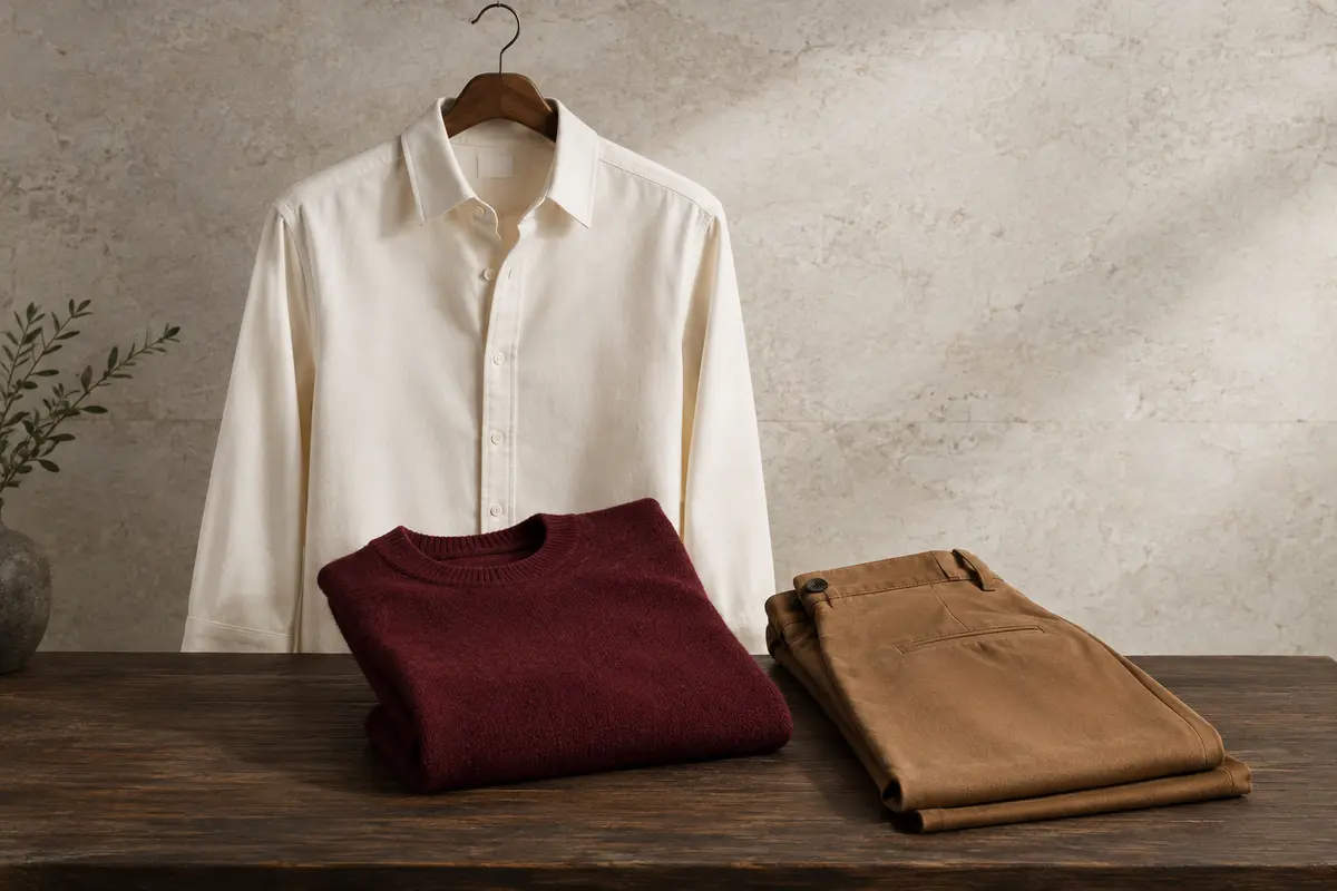 Chemise écrue, pull bordeaux et pantalon camel présentés dans une composition éditoriale soignée